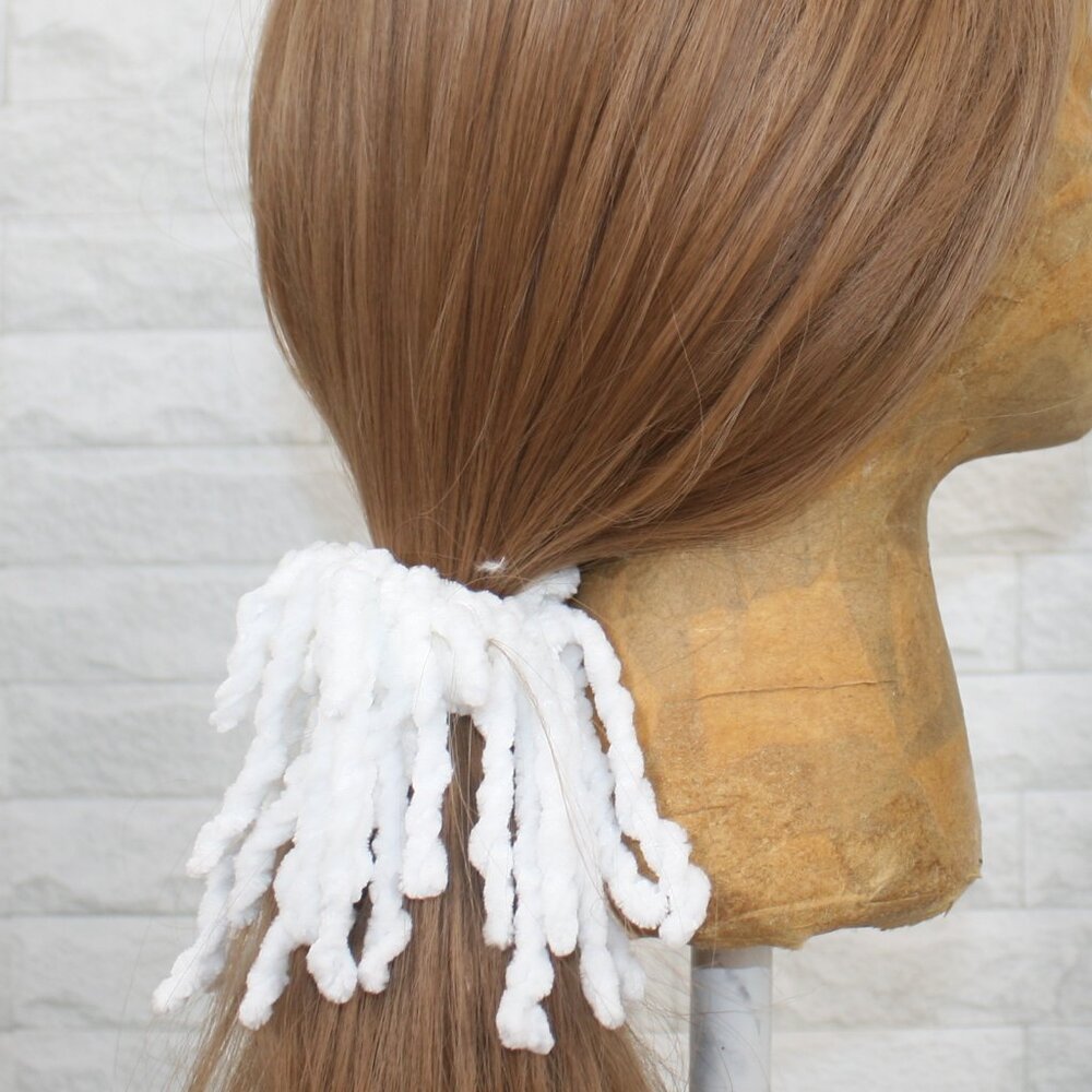 HAND CRAFTED Hair Scrunchie Fringe Crochet Kids Chenille White Cloud Dancer